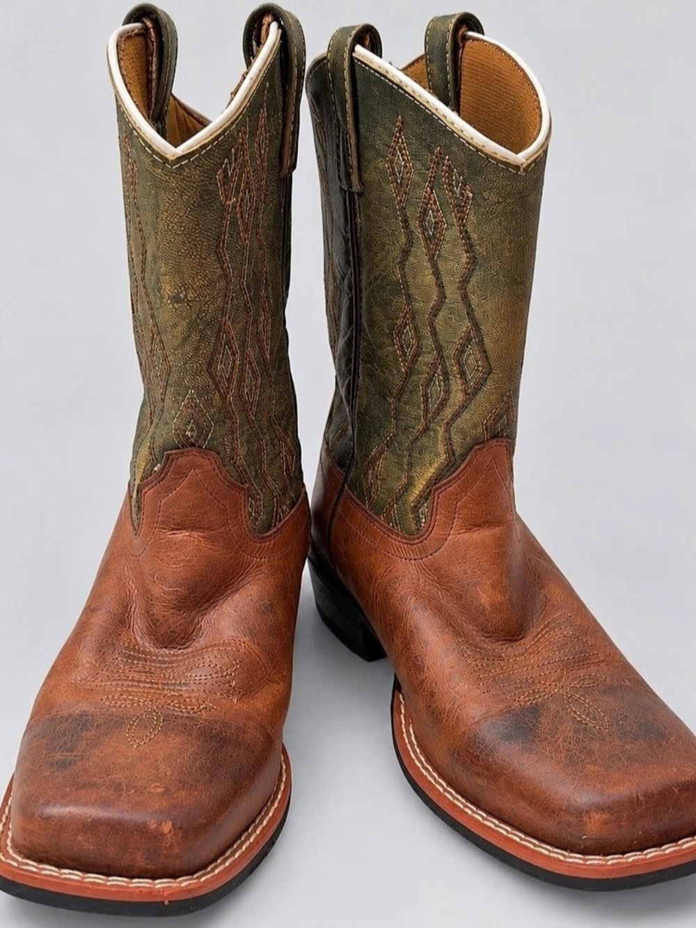 Dan Post Youth Brown & Olive Green Embroidered Square Toe Cowboy Boots Youth 5D - Picture 2 of 9